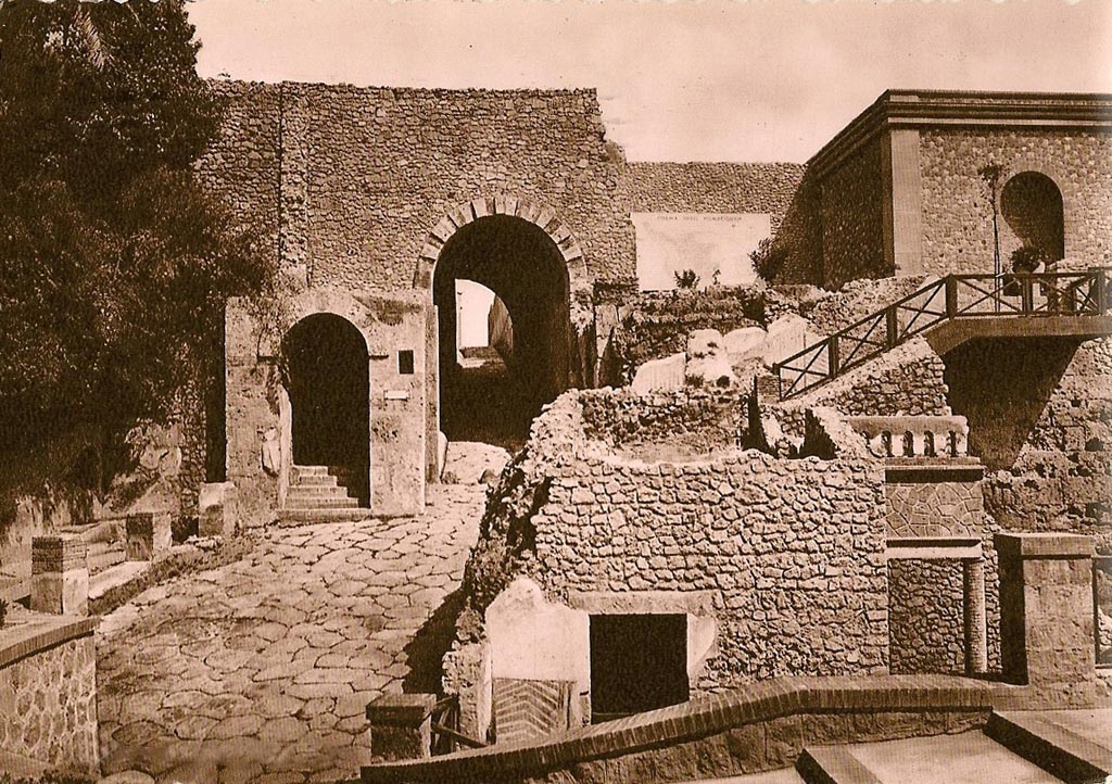 Pompeii Porta Marina. Old postcard. Looking east to area around gate. Courtesy of Rick Bauer.