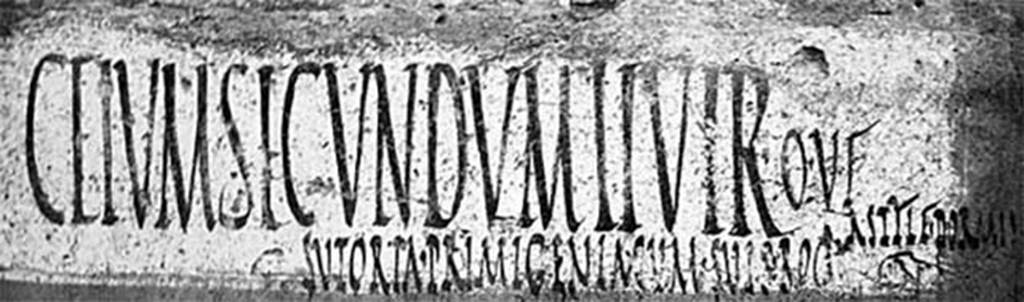 I.13.3 Pompeii. According to Varone and Stefani, also found on the left of the doorway was CIL IV 7464. 

Ceium Secundum IIvir(um) o(ro) v(os) f(aciatis) 
Sutoria Primigenia cum suis rog(at) 
Astyle dormi(enti)s       [CIL IV 7464]

See Varone, A. and Stefani, G., 2009. Titulorum Pictorum Pompeianorum, Rome: Lerma di Bretschneider, (p.156-7)
See Epigraphik-Datenbank Clauss/Slaby (www.manfredclauss.de).

