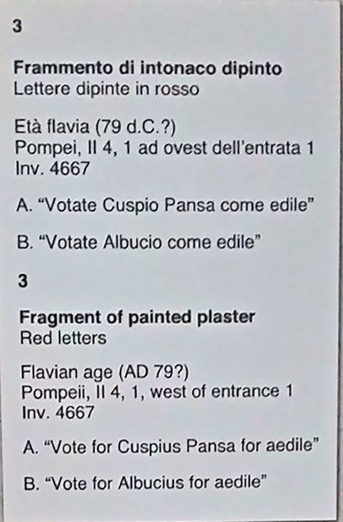 II.4.1 Pompeii. Detail from information card for fragment of painted plaster.
Now in Naples Archaeological Museum, inv. 4667. Photo courtesy of Giuseppe Ciaramella, June 2017. 
