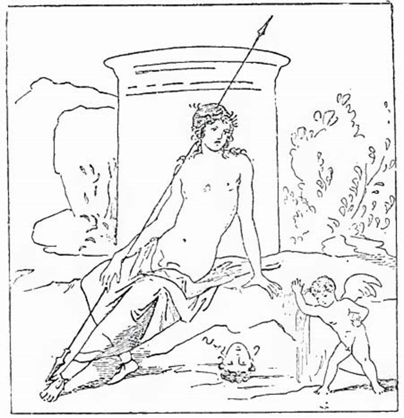 V.2.15 Pompeii. Room 4, south wall. Drawing of painting of Narcissus. See Mitteilungen des Kaiserlich Deutschen Archaeologischen Instituts, Roemische Abtheilung, Volume V, 1890, p. 272.