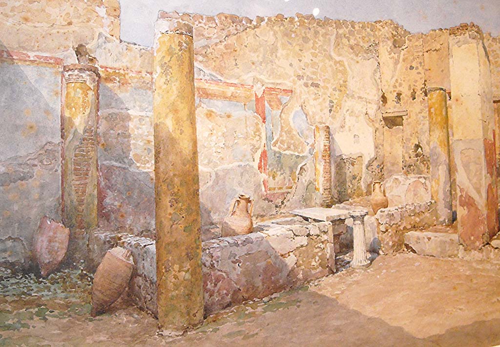 V.2.15 Pompeii. c.1914. Watercolour by Luigi Bazzani. Looking north-west across summer triclinium in peristyle.
Now in Naples Archaeological Museum, inventory number 139442.

