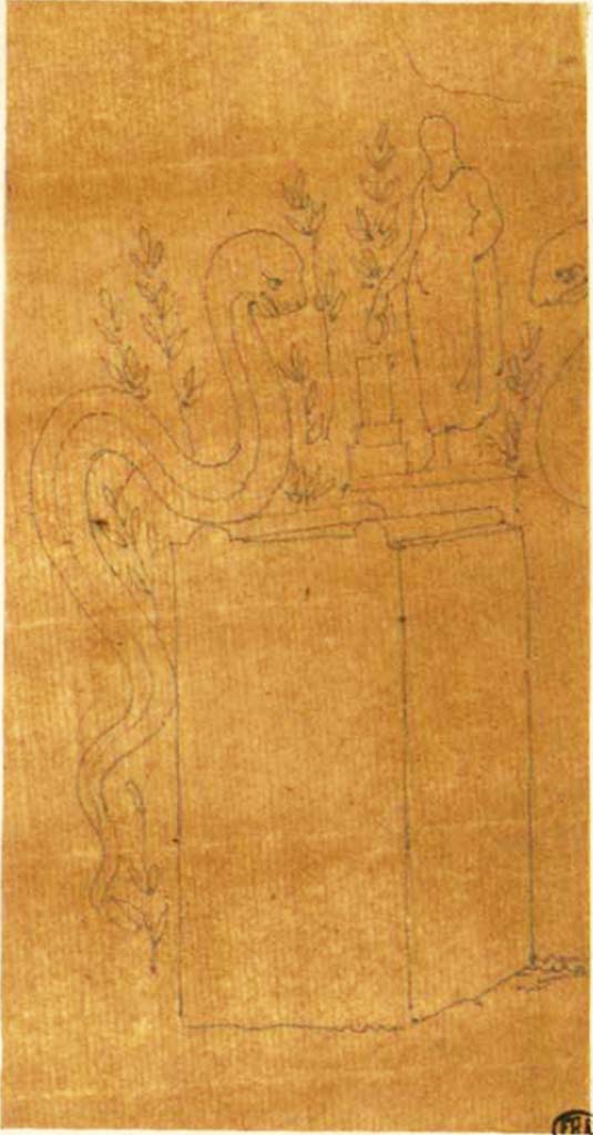 VI.3.7 Pompeii. Undated drawing of a painted altar.
See Debret F. (1777-1850), Piranesi F. (1758-1810), LaBrouste H. (1801-1875). Voyage en Italie-De Naples à Paestum, pl. 134.
INHA Identifiant numérique : NUM PC 77832 (07). See book on INHA Les documents sont placés sous « Licence Ouverte / Open Licence » Etalab 

