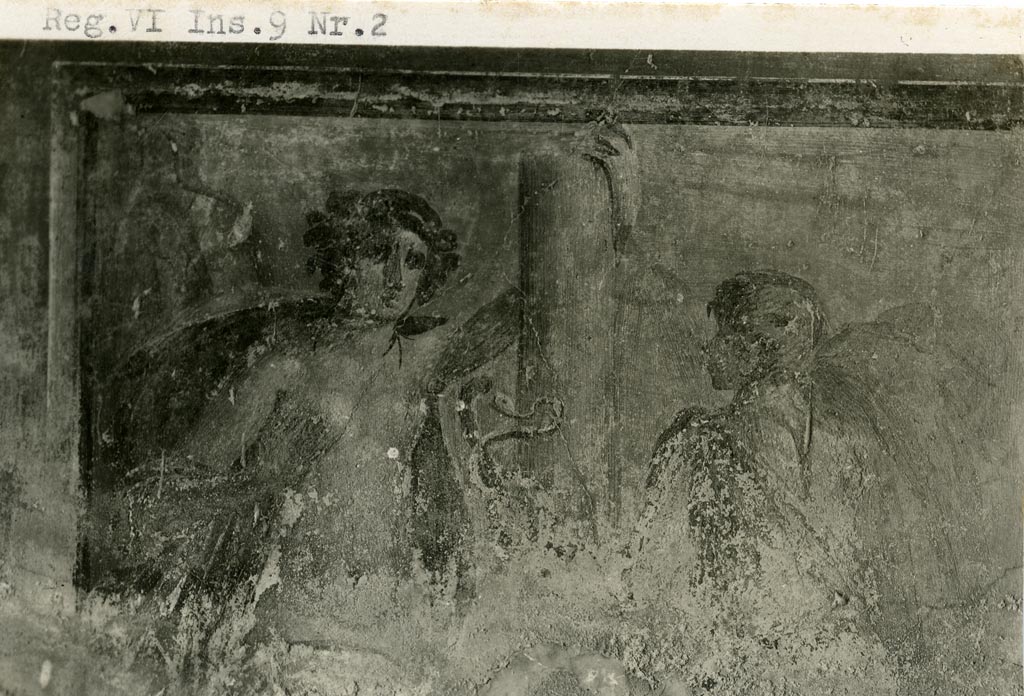 VI.9.2 Pompeii. Pre-1937-39. Room 24, remains of wall painting from centre of south wall.
Photo courtesy of American Academy in Rome, Photographic Archive.  Warsher collection no. 1073.

