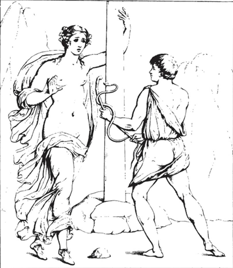 VI.9.2 Pompeii.   About 1834.  Room 24.  Corinthian Oecus.  Sketch of wall painting on South wall.  A beardless Satyr or Faun with a serpent around a Pedum or shepherds crook is frightening an ivy crowned girl.  Possibly Phocus and Antiope?  See Helbig, W., 1868. Wandgemälde der vom Vesuv verschütteten Städte Campaniens. Leipzig: Breitkopf und Härtel. (541)