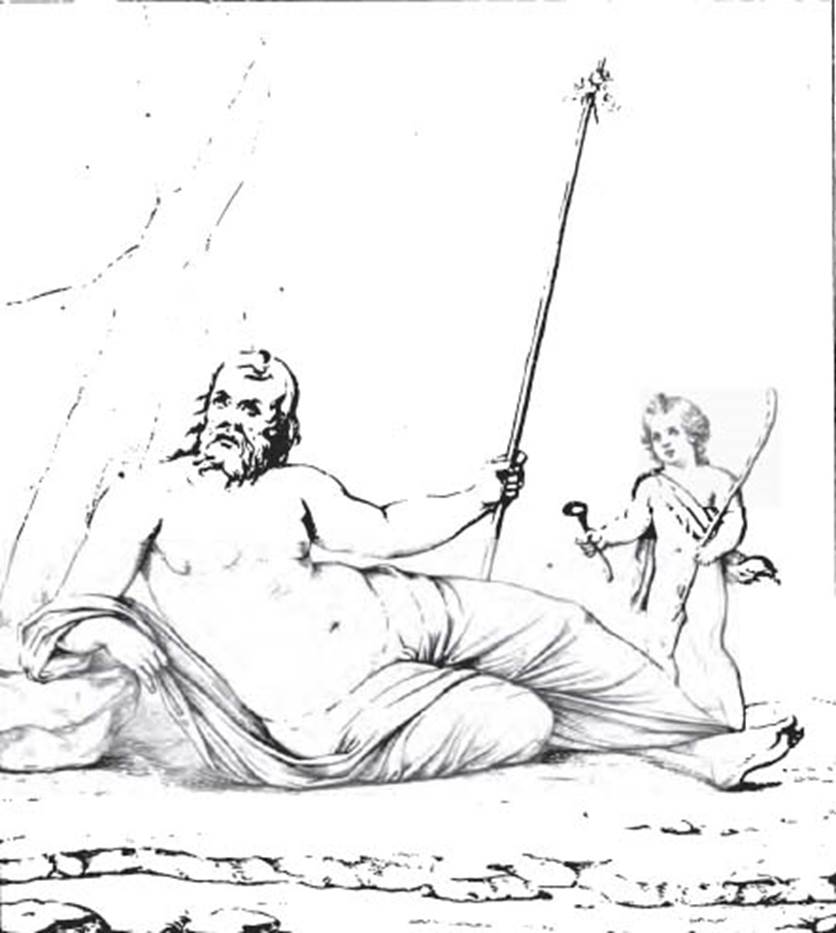 VI.9.2 Pompeii.  Drawing of painting of Silenus and young satyr, the second painting from the east end of the north wall. See Real Museo Borbonico XII, 1839, Tav. XXXV.
See Helbig, W., 1868. Wandgemälde der vom Vesuv verschütteten Städte Campaniens. Leipzig: Breitkopf und Härtel. (419).
