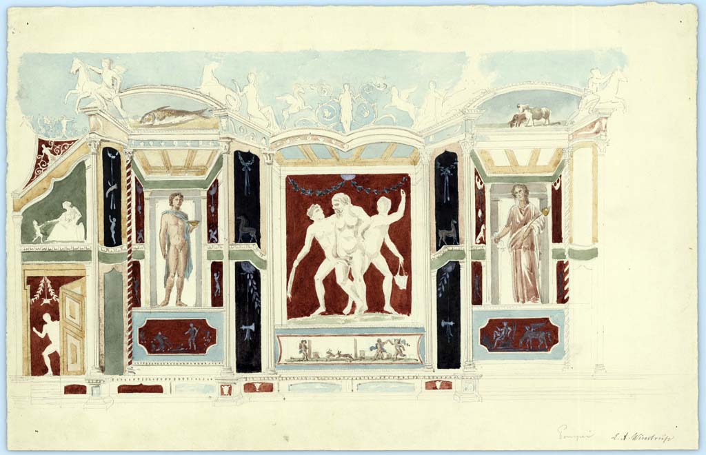 VI.9.2 Pompeii. 1849. Painting by Laurits Albert Winstrup, detail from top of north wall in tablinum. 
Photo © Danmarks Kunstbibliotek, inventory number ark_6085.
