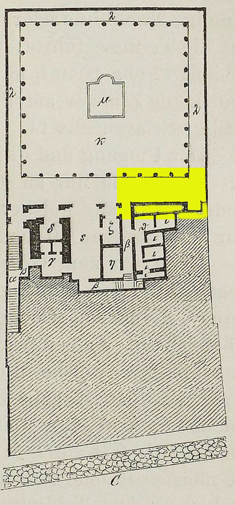 VI.17.25 Pompeii. 1884. Plan showing lowest of the three floor levels.
See Overbeck J., 1884. Pompeji in seinen Gebäuden, Alterthümen und Kunstwerken. Leipzig: Engelmann. (p. 367 Fig. 180, part C).
The area shaded in yellow can be seen in the photo above.

