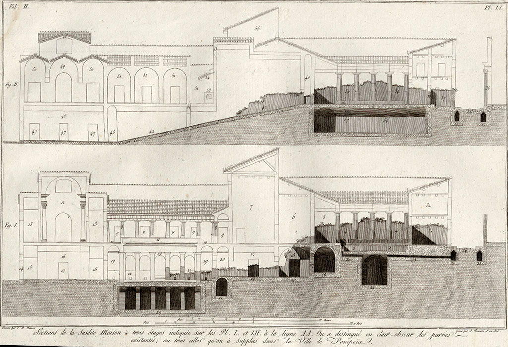 VI.17.25/23 Pompeii. Cross section of house showing the three levels. 
See Piranesi, F, 1804. Antiquites de la Grande Grèce: Tome II. Paris: Piranesi and Le Blanc, tav LI.

