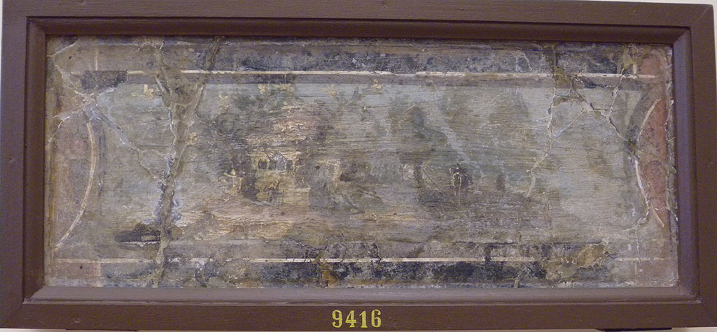 VI.17.25 Pompeii?
Wall painting of an architectural landscape. Now in Naples Archaeological Museum. Inventory number 9416.
This may or may not have been found in this house.
According to Lucio Rocco –
“9415 and 9416 – The two paintings provenanced from the same wall are united, as well as by the subject of river landscape with buildings among trees, by the shape of the frame with short curved sides.”

According to the index (p.544), these are from Casa del Leone, VI.Ins.Occ.25 (?).
See La Pittura Pompeiana, ed by Irene Bragantini and Valeria Sampaolo, (p.402-3)
