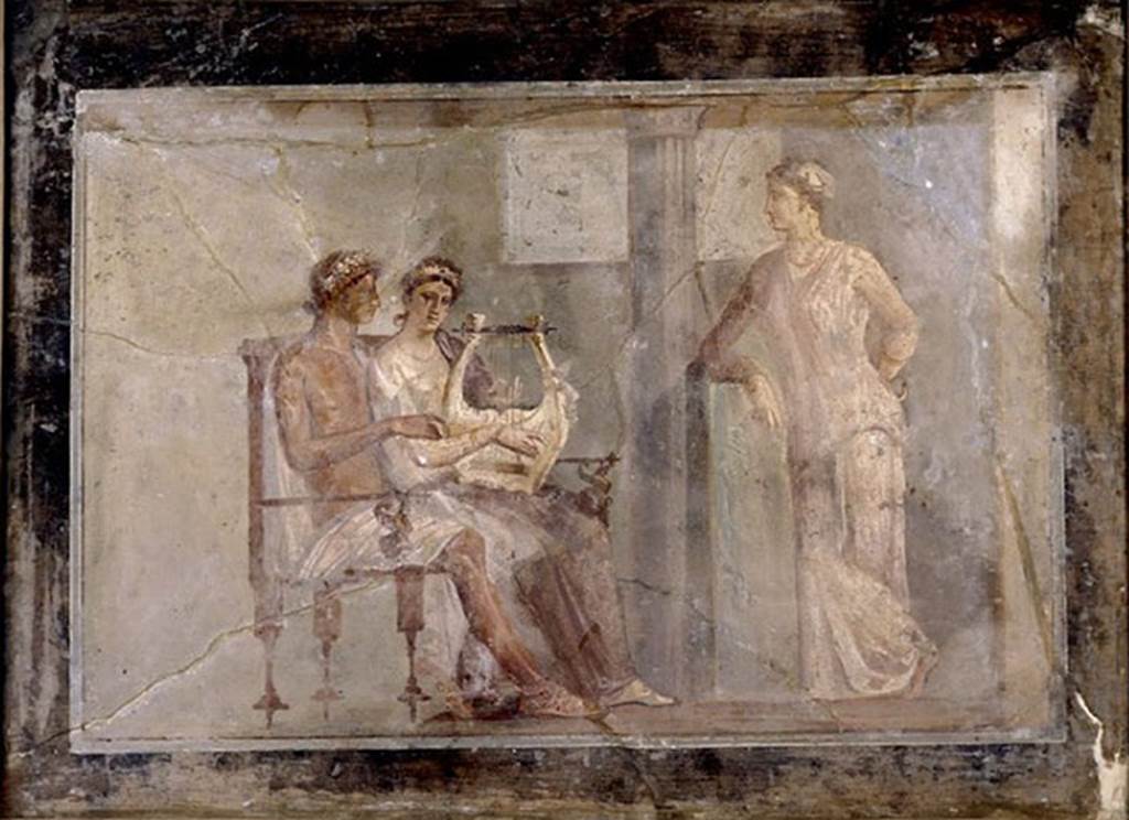 VI.17.19-26 Pompeii. Painting of Apollo instructing a female Citharist (muse?) while another woman leaning on a low pillar listens.
Photo © Trustees of the British Museum.  Inventory number 1867,0508.1353.
See Richardson, L., 2000. A Catalog of Identifiable Figure Painters of Ancient Pompeii, Herculaneum. Baltimore: John Hopkins, p. 65, p. 67.
