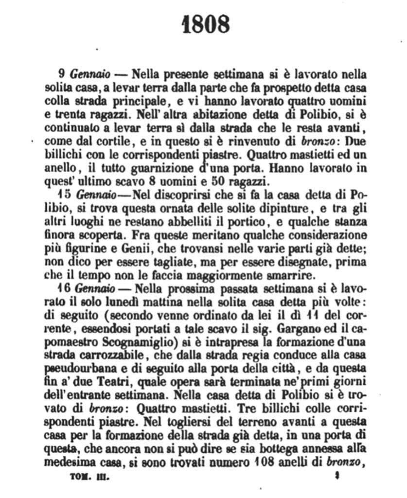 Copy of PAH, 1, 3, page 1, mentioning “the other House of Polybius” (Nell’altra abitazione detta di Polibio…).