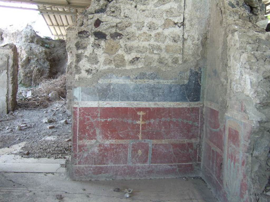VI.17.36.Pompeii. May 2006. Taken from VI.17.41. East wall and doorway, looking towards south-east corner in eastern cubiculum (room a) of VI.17.36, on south side of peristyle.
According to PPP, the east wall had a red panelled zoccolo, in the central panel was an painted plate/medallion with a painted candelabra above it. The middle zone of the wall would have been black.



