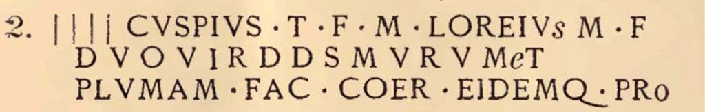 VII.1.40 Pompeii. Copy, as transcribed, from Fiorelli’s 1897 Guida di Pompei, (p.94, No.2)
Limestone inscription recording the rebuilding of the town walls in about 70BCE after the damages caused by Sulla’s siege, found in fragments.
According to Epigraphic Database Roma this reads:

[·] C̲u̲s̲p̲i̲u̲s T(iti) f(ilius), M(arcus) Loreiu[s] M(arci) f(ilius),
duoviṛ(i), [d(e)] d(ecurionum) s(ententia) mụrum [e]t
plumaṃ fac(iunda) coer(averunt) eideṃq(ue) pro(baverunt)    [CIL X 937]

Parco Archeologico Pompei, inventory number 34188.

