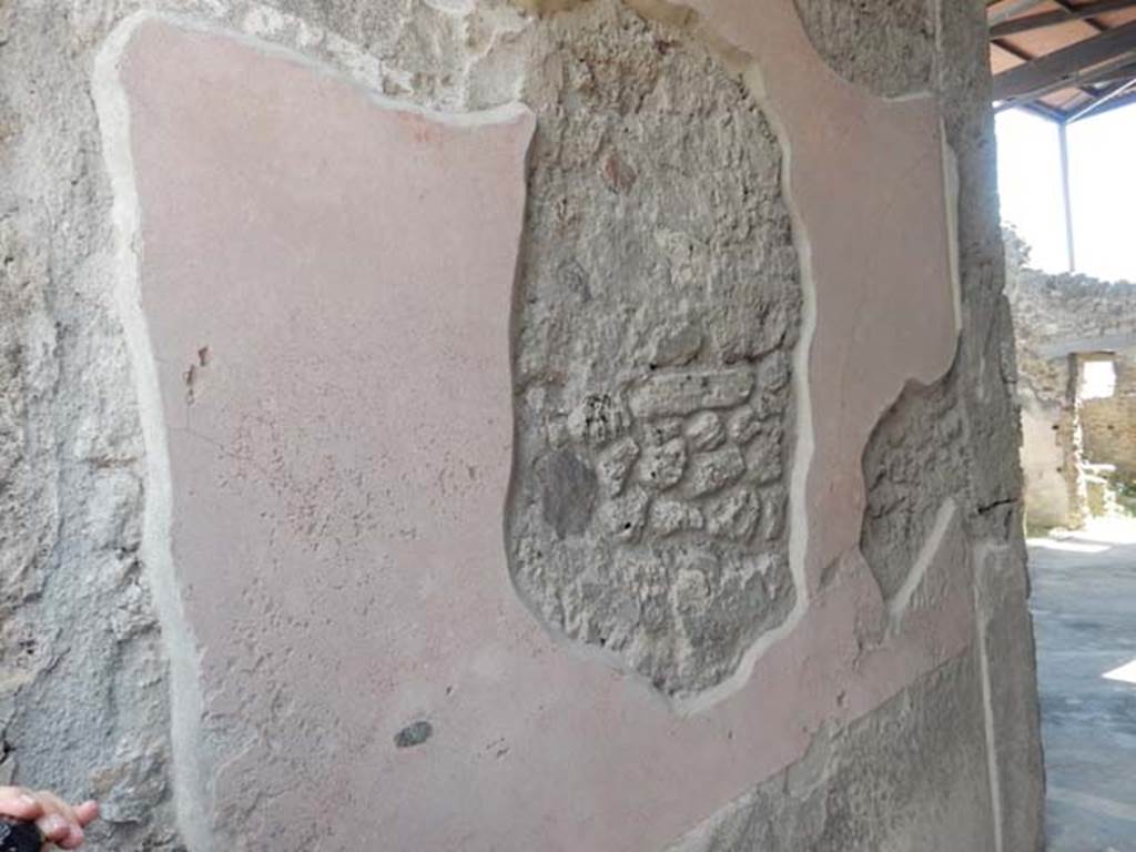 VII.1.40 Pompeii. May 2017. East wall of vestibule/entrance corridor. The painted decoration has completely faded other than the red background to the middle zone and a black zoccolo/dado on the lower area. Photo courtesy of Buzz Ferebee. 
