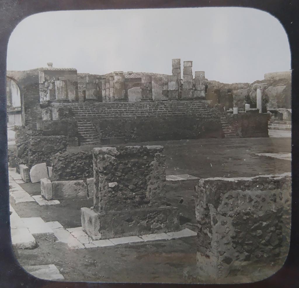 VII.8.1 Pompeii. c.1900. C. and G. Lantern slide published by A. Laverne. 
Looking north from west side of Forum towards Temple of Jupiter.  
