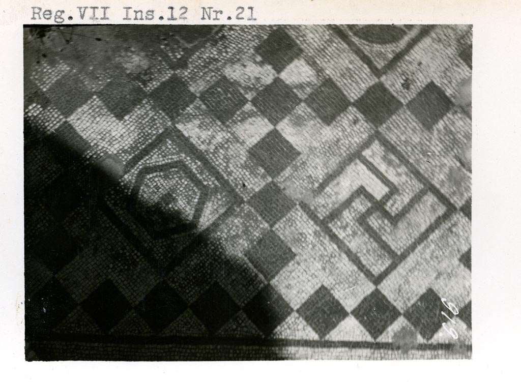 VII.12.23 Pompeii, but shown on photo as VII.12.21. Pre-1937-39. Flooring in room on west side of atrium.
Photo courtesy of American Academy in Rome, Photographic Archive. Warsher collection no. 919.


