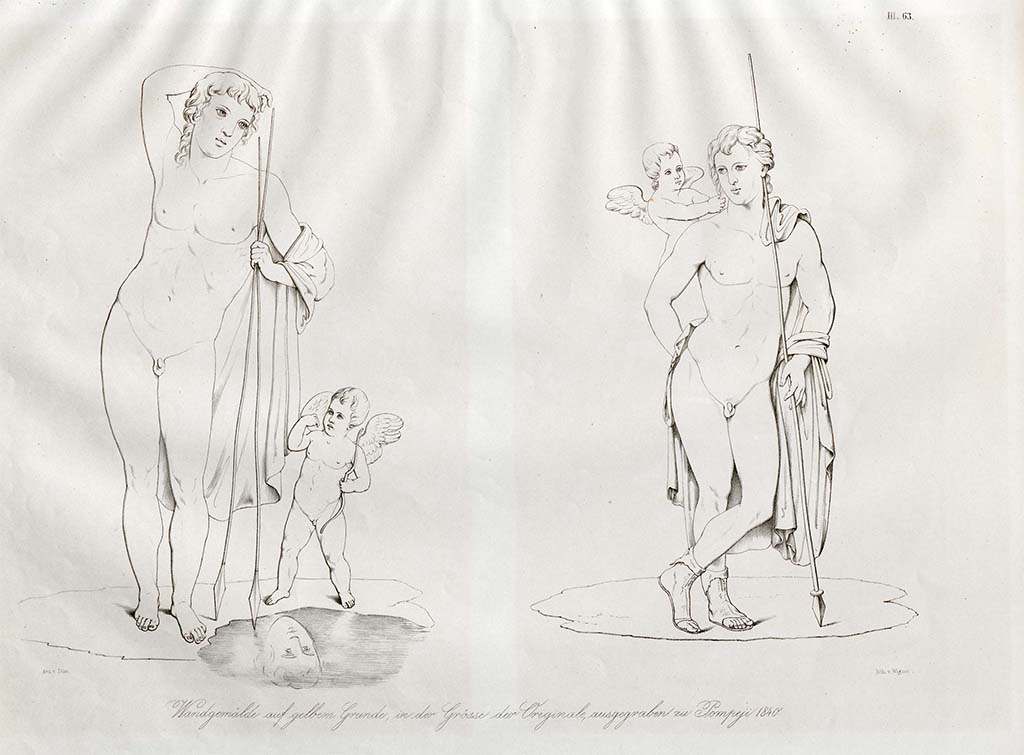 VII.13.4 Pompeii. Pre-1852. Drawings by Zahn of two figures, both on a yellow background, from the cubiculum.
On the left, Narcissus with two lances or javelins, looking at his reflection. Narcissus with a violet mantle, the cupid with blue wings.
On the right, a young man with a cupid on his shoulder, also with a lance. Perhaps this could be Adonis. He had a green mantle with blue embroidery, the wings of the cupid were violet.
See Zahn, W., 1852-59. Die schnsten Ornamente und merkwrdigsten Gemlde aus Pompeji, Herkulanum und Stabiae: III. Berlin: Reimer, taf. 63.
