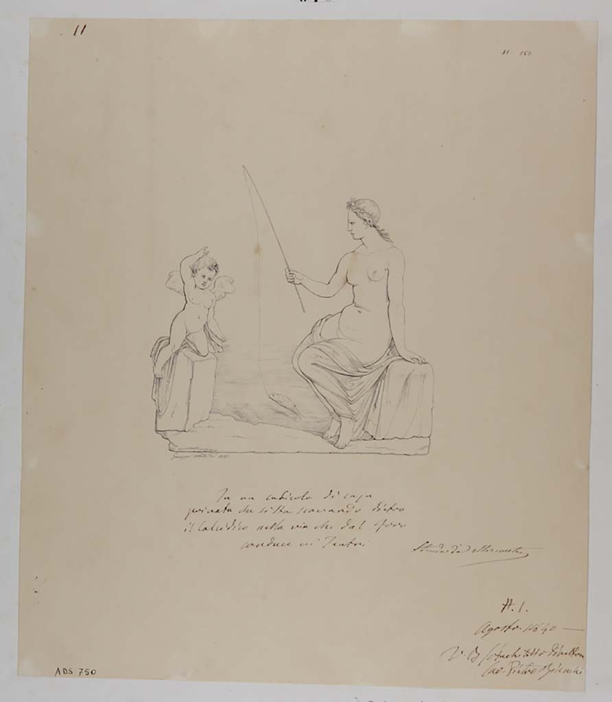 VII.13.4 Pompeii. Drawing by Giuseppe Abbate, 1840, of a painting of fishing Venus and a cupid, from a cubiculum.
This design had been done during the excavation; La Volpe made the similar drawing 20 years later, see below. 
See Helbig, W., 1868. Wandgemlde der vom Vesuv verschtteten Stdte Campaniens. Leipzig: Breitkopf und Hrtel, (352).
Now in Naples Archaeological Museum. Inventory number ADS 750.
Photo  ICCD. http://www.catalogo.beniculturali.it
Utilizzabili alle condizioni della licenza Attribuzione - Non commerciale - Condividi allo stesso modo 2.5 Italia (CC BY-NC-SA 2.5 IT)
