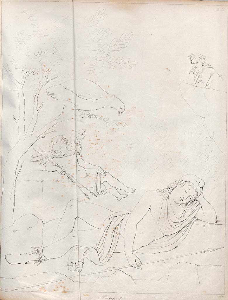 VII.13.4 Pompeii. 1840. Drawing by Zahn of sleeping Ganymede, from north wall of oecus/cubiculum.
According to Zahn, this painting was discovered in the Strada de Mercadanti, in a house near to the Calcidium, opposite the Casa del Cignale, (Cinghiale).
See Zahn, W., 1842-44. Die schnsten Ornamente und merkwrdigsten Gemlde aus Pompeji, Herkulanum und Stabiae: II. Berlin: Reimer, taf. 32.
