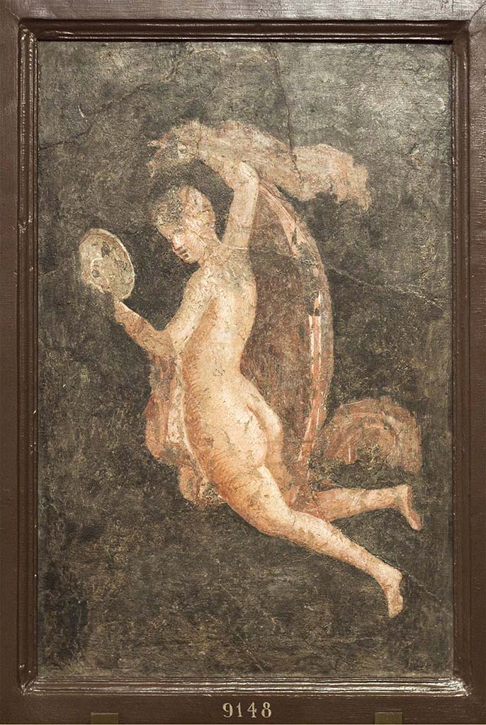 VIII.4.4 Pompeii. Entrance corridor or fauces. Painting of floating figure carrying a mirror.
It seems to match the 1861 drawing.
This was on exhibition in Moscow but was said on its card to be from "ПОМПЕИ (?)" or "Pompeii (?)".
Now in Naples Archaeological Museum. Inventory number 9148.
