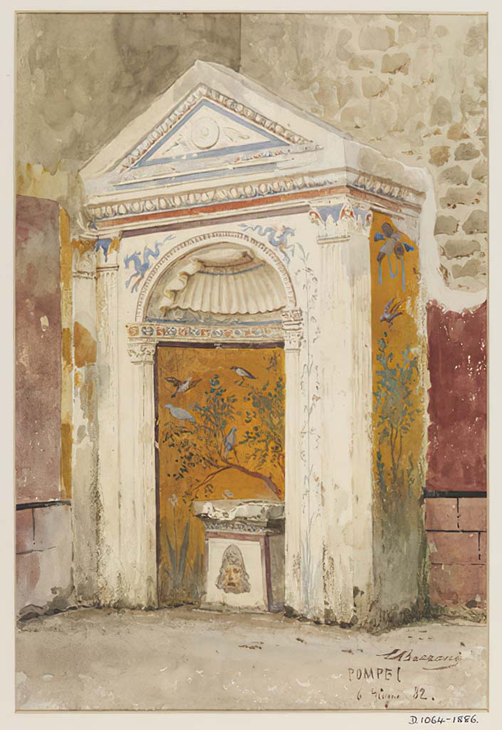 IX.6.8 Pompeii. 6th June 1882. Garden 9, south-west corner.
Frescoed fountain with birds and floral motif in Pompeii watercolour by Luigi Bazzani. 
Photo  Victoria and Albert Museum. Inventory number 1064-1886.

