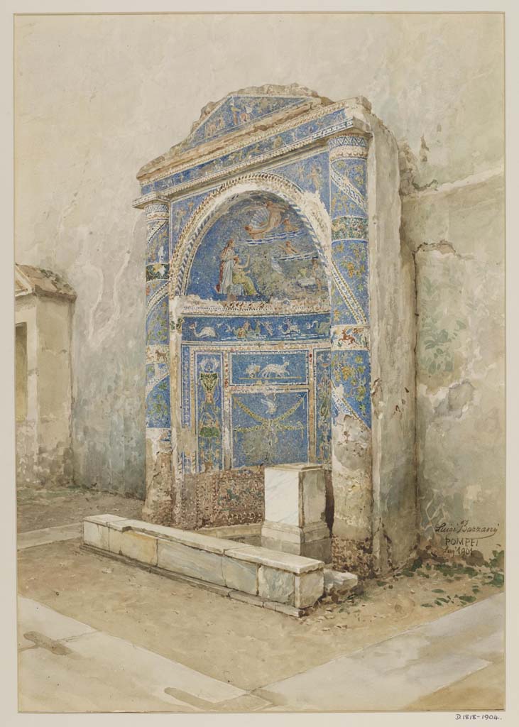 IX.7.20 (or 25) Pompeii. Undated watercolour by Luigi Bazzani.
Looking south-west towards fountain, and an aedicula niche on its south side.
Now in Naples Archaeological Museum, inv. no. 139427.
(described as “Fountain of the House of C. Virnius Modestus (IX 7, 16) in Pompeii”.
