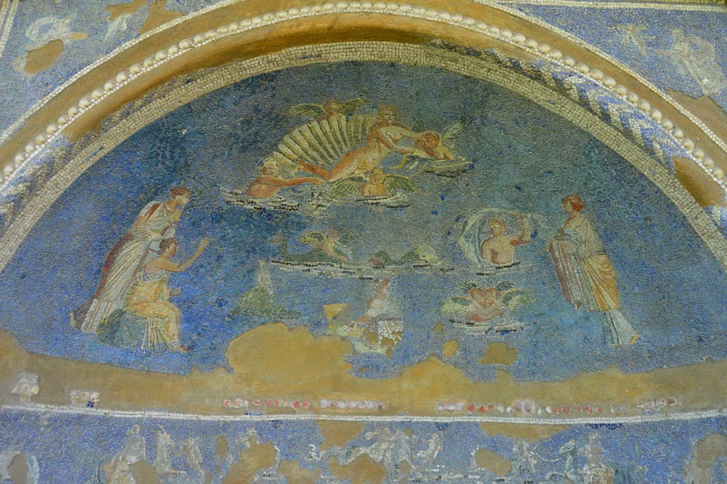IX.7.20 Pompeii. December 2007. Mosaic fountain, top pediment restored.