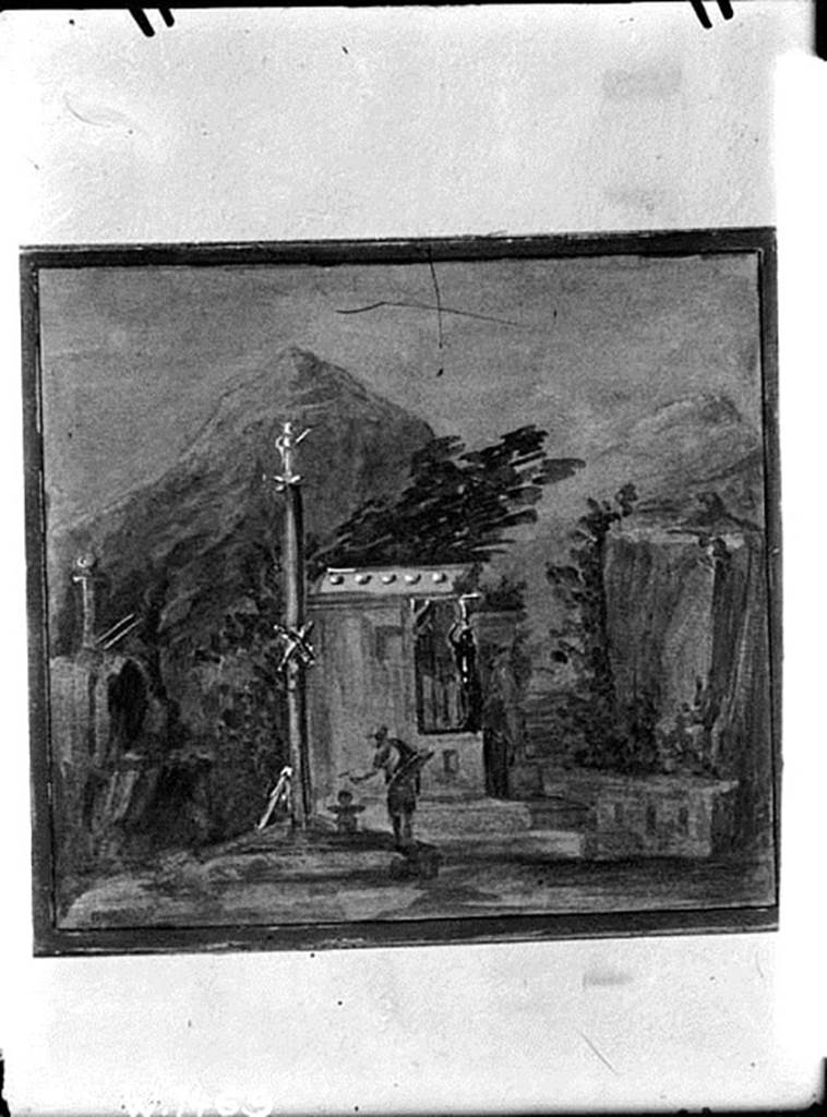 IX.8.2 Pompeii. W.1469. Painting of sacred landscape found in the central part of the east wall.
According to Bragantini, this painting was removed. 
It showed a woman sacrificing at an altar under a column with a statue of Priapus on it.
See Bragantini, de Vos, Badoni, 1986. Pitture e Pavimenti di Pompei, Parte 3. Rome: ICCD. (p.511)
Photo by Tatiana Warscher. Photo  Deutsches Archologisches Institut, Abteilung Rom, Arkiv. 
