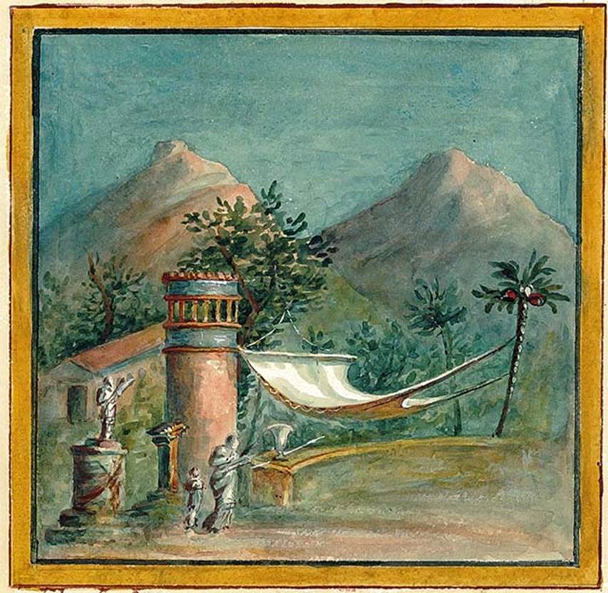 IX.8.2 Pompeii. Watercolour copy of sacred landscape from west wall.
It shows an altar with a statue of Hecate, a tower, a tree, an offering woman, a small child and a sun-shade attached to a palm-tree.
DAIR 83.369.  Photo  Deutsches Archologisches Institut, Abteilung Rom, Arkiv.
See http://arachne.uni-koeln.de/item/marbilder/5022575
