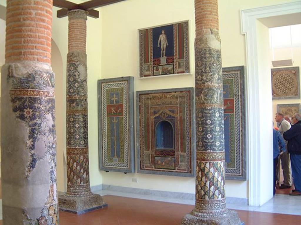 HGE12 Villa of the Mosaic Columns. 2001. The columns in Naples Archaeological Museum. 
Photo courtesy of Current Archaeology.

