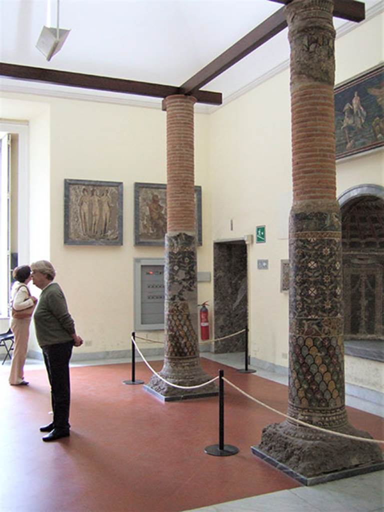 HGE12 Villa of the Mosaic Columns. Two of the mosaic columns.
Now in Naples Archaeological Museum. Inventory numbers 9996 (front) and 9995 (rear).

