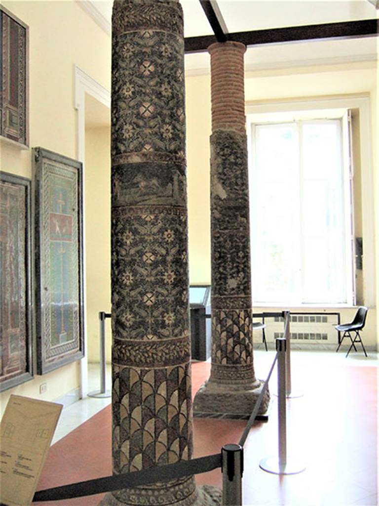 HGE12 Villa of the Mosaic Columns. Two of the mosaic columns.
Now in Naples Archaeological Museum. Inventory numbers 10000 (front) and 10001 (rear).
