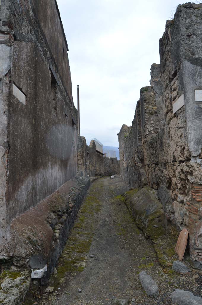 Vicolo del Gallo between VII.7 and VII.15, Pompeii. March 2018.
Looking south from junction with Vicolo dei Soprastanti.  
Foto Taylor Lauritsen, ERC Grant 681269 DÉCOR.
