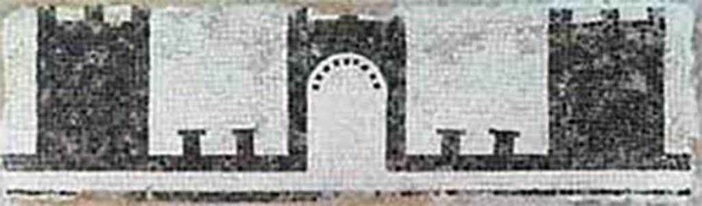 Villa of P. Fannius Synistor at Boscoreale. Small peristyle 15.
Part of a black and white mosaic pavement representing city walls, towers and gates.
Now in the Muse Royal de Mariemont, Morlanwelz, Belgium. Inventory Number B100.
http://www.musee-mariemont.be/
According to Barnabei, at the end of the corridor 4 was a small peristyle, 7m by 6m, which linked to the large peristyle by a doorway in its west wall. 
It had a floor of white mosaic, edged by a band of black mosaic which represented crenellated city walls with crenellated towers and gates.
According to Sambon, it measured 0.34m high by 1.02m wide.
See Sambon A, 1903. Les Fresques de Boscoreale. Paris and Naples: Canessa. 13, p. 10.
See Barnabei F., 1901. La villa pompeiana di P. Fannio Sinistore. Roma: Accademia dei Lincei. p.17.

According to Jashemski, [Garden C on her plan], opening off the large peristyle was a small peristyle courtyard with mosaic pavement, enclosed on three sides by a columned portico.
There were engaged columns on the fourth side. Barnabeis plan shows a gutter around the edges of the courtyard. 
This courtyard was part of a small private bath complex and may have had potted plants.
See Jashemski, W. F., 1993. The Gardens of Pompeii, Volume II: Appendices. New York: Caratzas, (p.286, with plan on p. 285). 

Then one arrived at other rooms (nos. 16, 17, 18, 19) rooms connected with the baths. 
Given their communication with the small peristyle, underneath of which were the hypocaust supports, it seems that rooms 18 and 19, would have served for the warm bath or calidarium.
Adjacent were the rooms 20 and 21 that would have been the cold bath.
The first (no.20) was the apodyterium or changing room; the second (no.21) contained the cold bath or frigidarium.
See Barnabei F., 1901. La villa pompeiana di P. Fannio Sinistore. Roma: Accademia dei Lincei. p.17.
