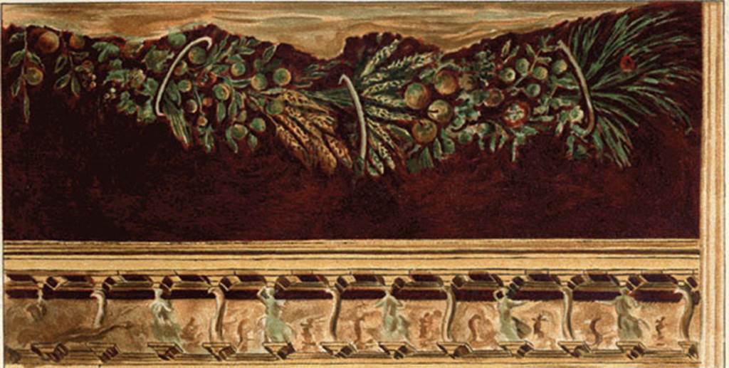 Villa of P. Fannius Synistor at Boscoreale. Painting from 1903 sale catalogue. Peristyle E. Panel with festoon supported by small wooden hoops. According to Sambon, there are pomegranates and vines laden with grapes. In the centre are two sheaves of wheat, the one green, the other one dried, mixed with red flowers, oranges, flowers and pine cones.
These festoons in brilliant colours were painted on a dark red wall. At the bottom is a ledge with caryatids (centaurs holding a pedum or a tray) of Hellenistic style. Length: 2.59m; height: 1.20m. See Sambon A, 1903. Les Fresques de Boscoreale. Paris and Naples: Canessa. 5, p. 8, pl. V.