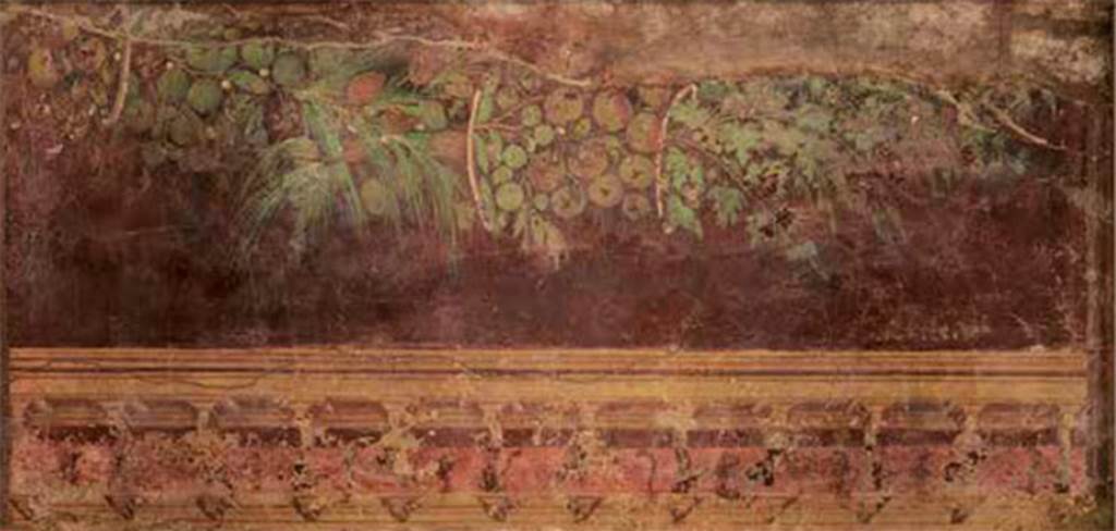Villa of P. Fannius Synistor at Boscoreale. Peristyle E, west wall. fresco with festoon supported by small wooden hoops. At the bottom is a ledge
 with centaurs. Now in Villa Kerylos, Beaulieu-sur-Mer, France.