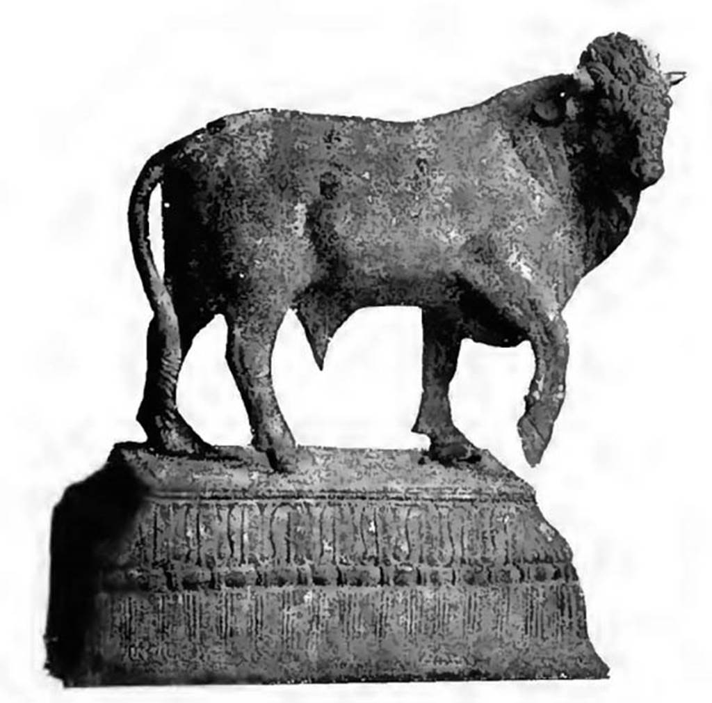 Scafati, Villa rustica detta di Domitius Auctus. 18th March 1899. Room D.
A small bronze bull, wonderfully conserved, resting on a rectangular base worked with engraving. It was 0.17m high, from the floor of the base to the top of the head.
See Notizie degli Scavi di Antichit, 1899, p. 395, fig. 6.
