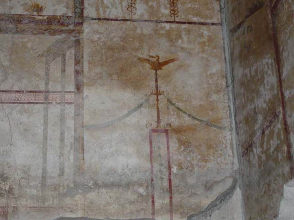 Oplontis, May 2010.Room 27, detail of painted west wall from behind the lararium. Photo courtesy of Buzz Ferebee. 