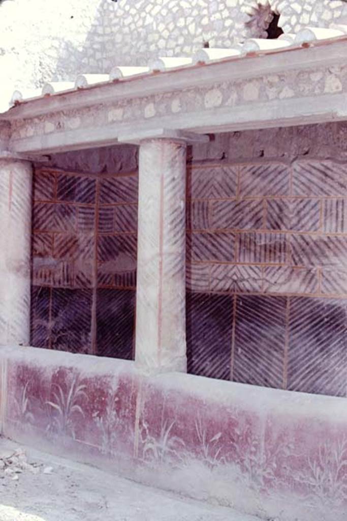 Oplontis, 1974. Room 32, rustic peristyle, with painted plants on the pluteus. 
Photo by Stanley A. Jashemski.   
Source: The Wilhelmina and Stanley A. Jashemski archive in the University of Maryland Library, Special Collections (See collection page) and made available under the Creative Commons Attribution-Non Commercial License v.4. See Licence and use details. J74f0642
