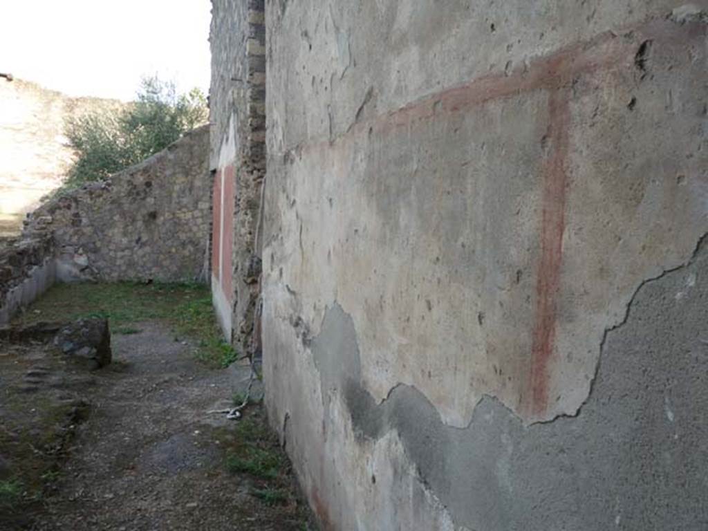Oplontis, September 2015. Room 54, looking east across south wall, and into room 57 towards reconstructed wall.