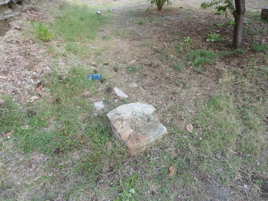 Oplontis Villa of Poppea, September 2015. 
Masonry statue base from east side of diagonal path, leading north-west across north garden 56.
