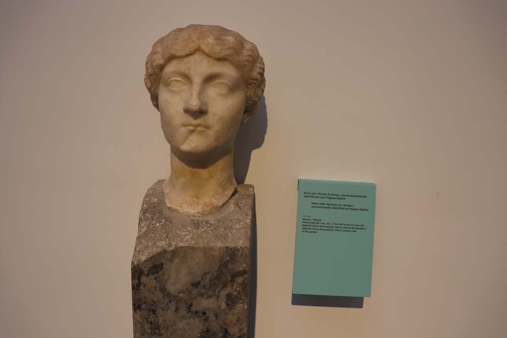 Oplontis Villa of Poppea, February 2021. 
Marble herm with the head of a woman, according to description card conventionally identified as Poppea Sabina, 
found on eastern side of the north garden, in Villa A, at Oplontis. 
Photo courtesy of Fabien Bièvre-Perrin (CC BY-NC-SA).
