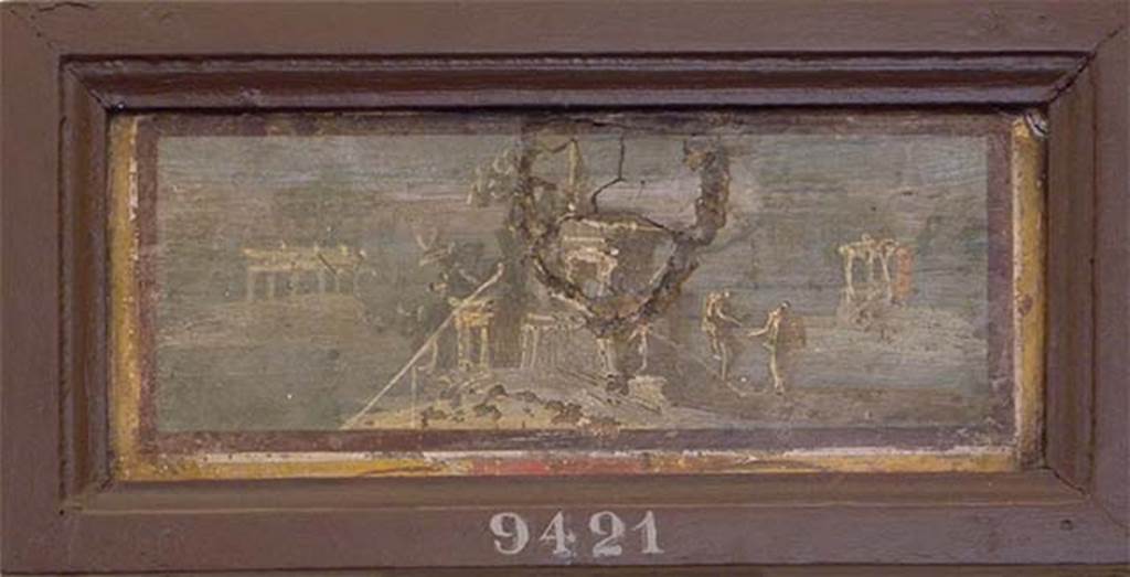 Stabiae, Villa Arianna, found 30th December 1760 to 3rd January 1761. Room E, landscape painting.
Now in Naples Archaeological Museum. Inventory number 9421.
See Sampaolo V. and Bragantini I., Eds, 2009. La Pittura Pompeiana. Electa: Verona, p. 480-1.
