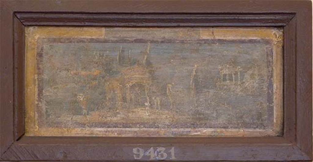 Stabiae, Villa Arianna, found 30th December 1760 to 3rd January 1761. Room E, landscape painting.
Now in Naples Archaeological Museum. Inventory number 9431.
See Sampaolo V. and Bragantini I., Eds, 2009. La Pittura Pompeiana. Electa: Verona, p. 480-1.
