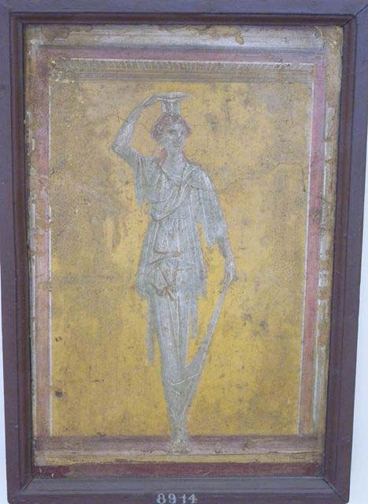 Stabiae, Villa Arianna, found 24th December 1760. 
Room E, painted panel of woman (caryatid).
Now in Naples Archaeological Museum. Inventory number 8914.
See Sampaolo V. and Bragantini I., Eds, 2009. La Pittura Pompeiana. Electa: Verona, p. 474-5.
