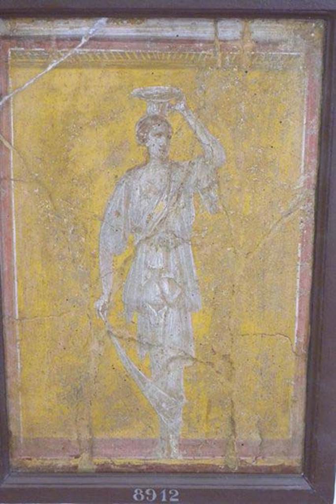 Stabiae, Villa Arianna, found 24th December 1760. 
Room E, painted panel of woman (caryatid).
Now in Naples Archaeological Museum. Inventory number 8912.
See Sampaolo V. and Bragantini I., Eds, 2009. La Pittura Pompeiana. Electa: Verona, p. 474-5.
