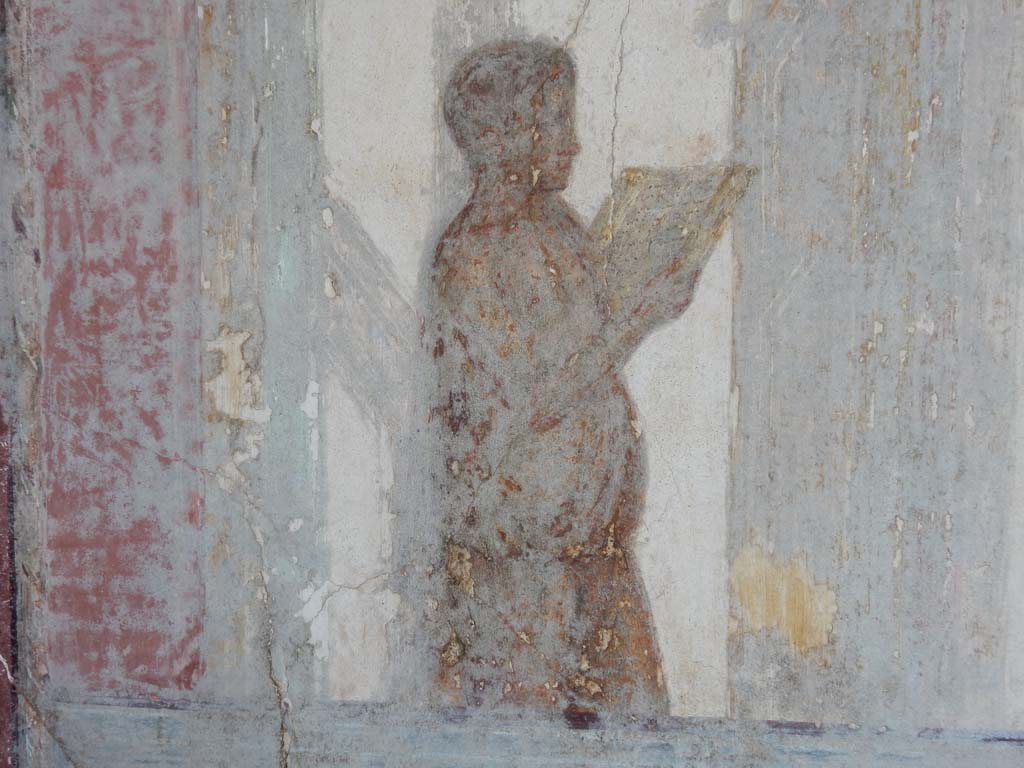 Stabiae, Villa Arianna, June 2019. Room 7, detail from figure on west wall at south end. Photo courtesy of Buzz Ferebee.
