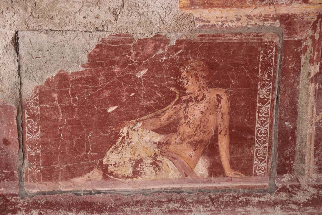 Stabiae, Villa Arianna, October 2020. Room 2, detail of painted figure on zoccolo of the east wall in the south-east corner. Photo courtesy of Klaus Heese.