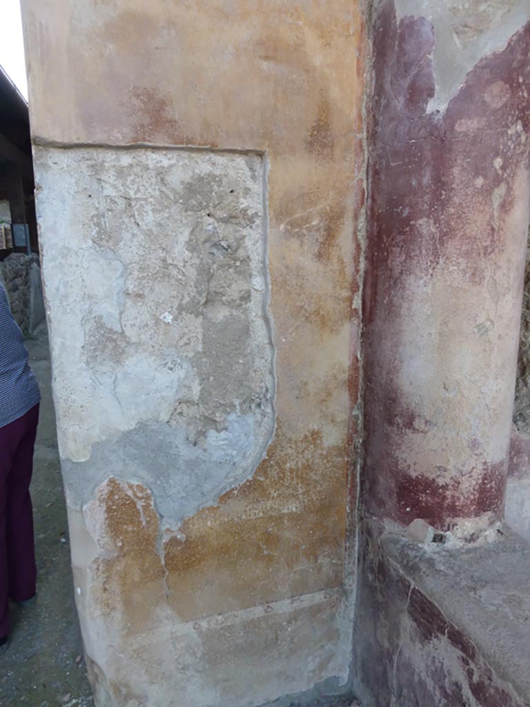 Stabiae, Villa Arianna, September 2015. 
Room 21, painted decoration on east side of south wall at rear of tank/fish pool.
