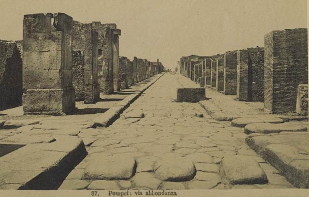 VII.14.14 Pompeii, on right. Mid 1890s photograph by Esposito, no. 087, showing Via dellAbbondanza, looking west. On the right, the street altar can be seen at corner of Vicolo del Lupanare . Photo courtesy of Rick Bauer.
